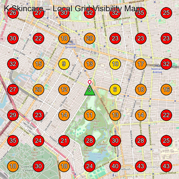 K Skincare GeoGrid visibility map for Facial Spa in Brooklyn